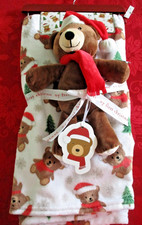 NWT, My First Christmas Baby Blanket w/ Plush Teddy Bear Squishy Toy 30"x40"
