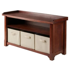 Winsome Verona Storage Solid Wood Bench with 3 Foldable Baskets - Walnut