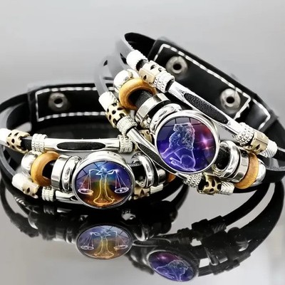 12 Constellation Zodiac Leather Bracelet with Glass Snap Button Unisex