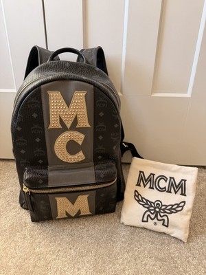 MCM STARK LOGO STRIPE STUD VISETOS BLACK MONOGRAM BACKPACK LIMITED EDITION MINT