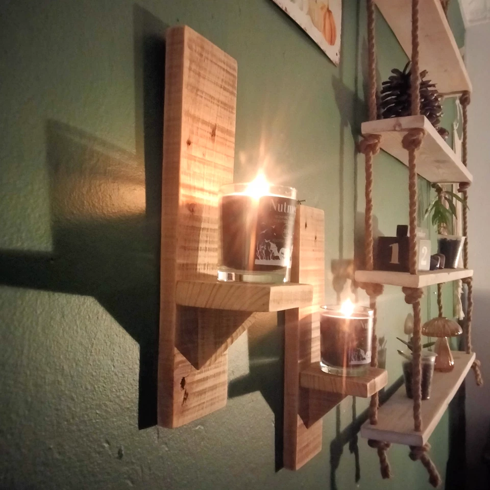Wooden Candle Plant Holder Sconce Set of 2 Handmade Rustic Reclaimed Wood Shelf - Image 2 of 4
