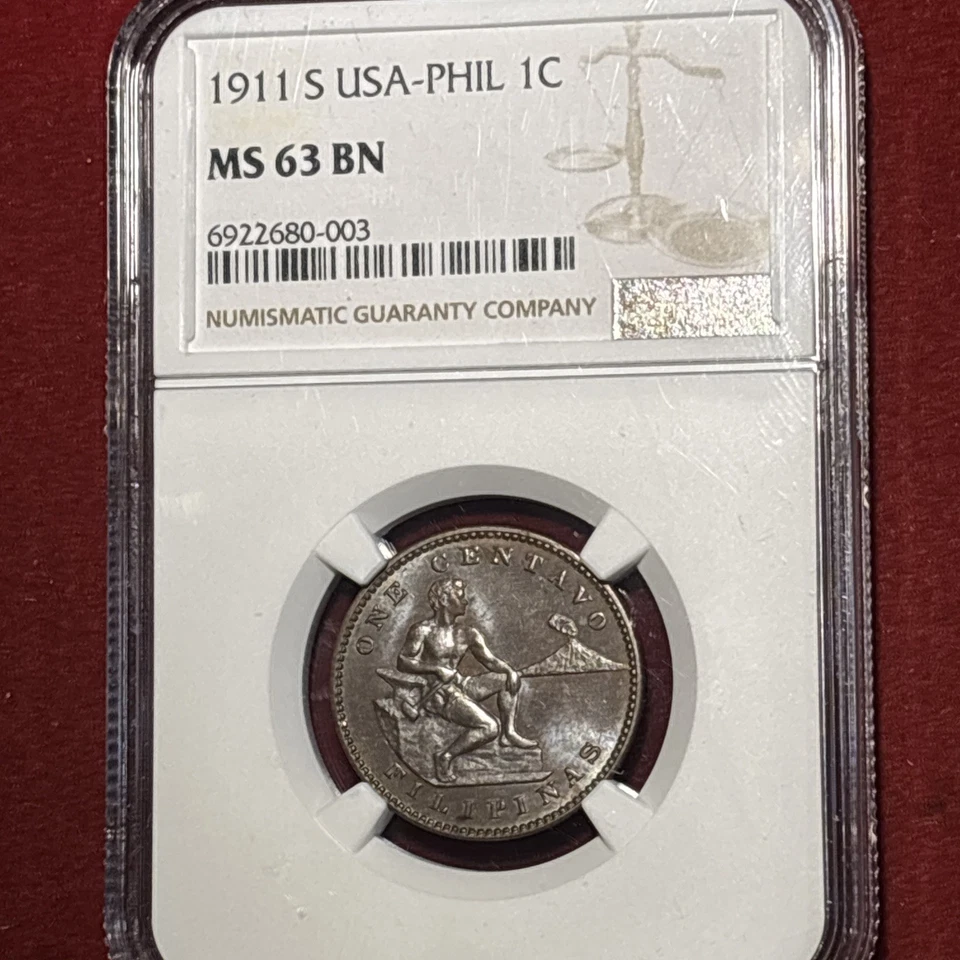1911-S NGC MS 63bn  Philippines 1 Centavo San Francisco P.Q. Mint Free Shipping - Image 2 of 4
