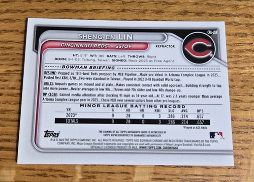 Sheng-En Lin 2024 Bowman Chrome 1st Prospect Refractor Auto /499 Reds - Picture 3 of 3