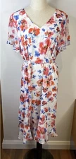 Jacqui E Floral Sun Dress Size 12 Belted Flutter Sleeve V Neck Flowy RRP$159