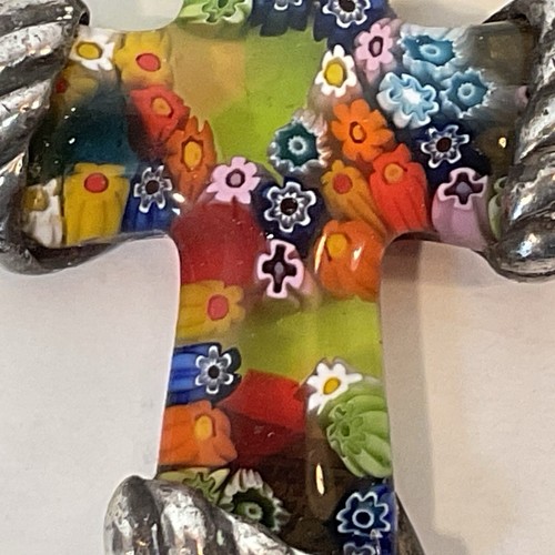 Venetian Millefiori Venetian Art Glass Sterling Silver Cross Pendant By Alan K - Picture 10 of 13