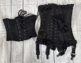 2 Lot Agent Provocateur Black Satin Overbust corset Size 2 Lace-up Damson Mercy