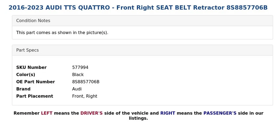 Audi TTS QUATTRO 2016-2023 - Retractor cinturón de seguridad delantero derecho 8S8857706B Foto 4 de 4