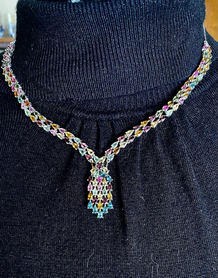 Collar de turmalina múltiple en platino sobre plata de ley 18 pulgadas, 19,20 Cwt Foto 3 de 4