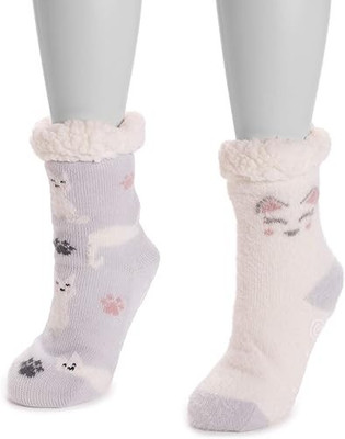 2 Pairs MUK LUKS Women's Cabin Slippers Socks  Smiling Cats Gray White Large XL
