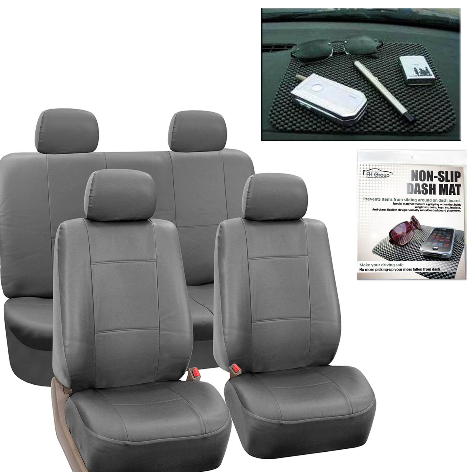 Faux Leather Car Seat Covers Gray with Head Rests/Dash Grip Pad