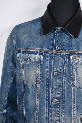 DIESEL Elshar Denim Distressed Jacket Blue Cow Leather Collar Biker size XL - Picture 5 of 10