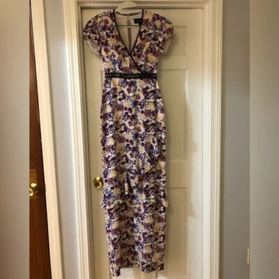 SALONI Sonia Long Dress in Floral Lace Detail Size 0 US or 4 UK Silk Maxi  Ruffle | eBay