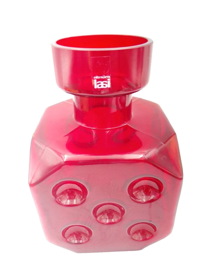 Rare Vtg Mid Century Riihimaen Lasi Finland Ruby Red Glass Vase Dice label 6.5" - Image 3 of 4