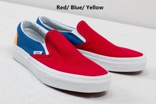 red and blue vans slip ons