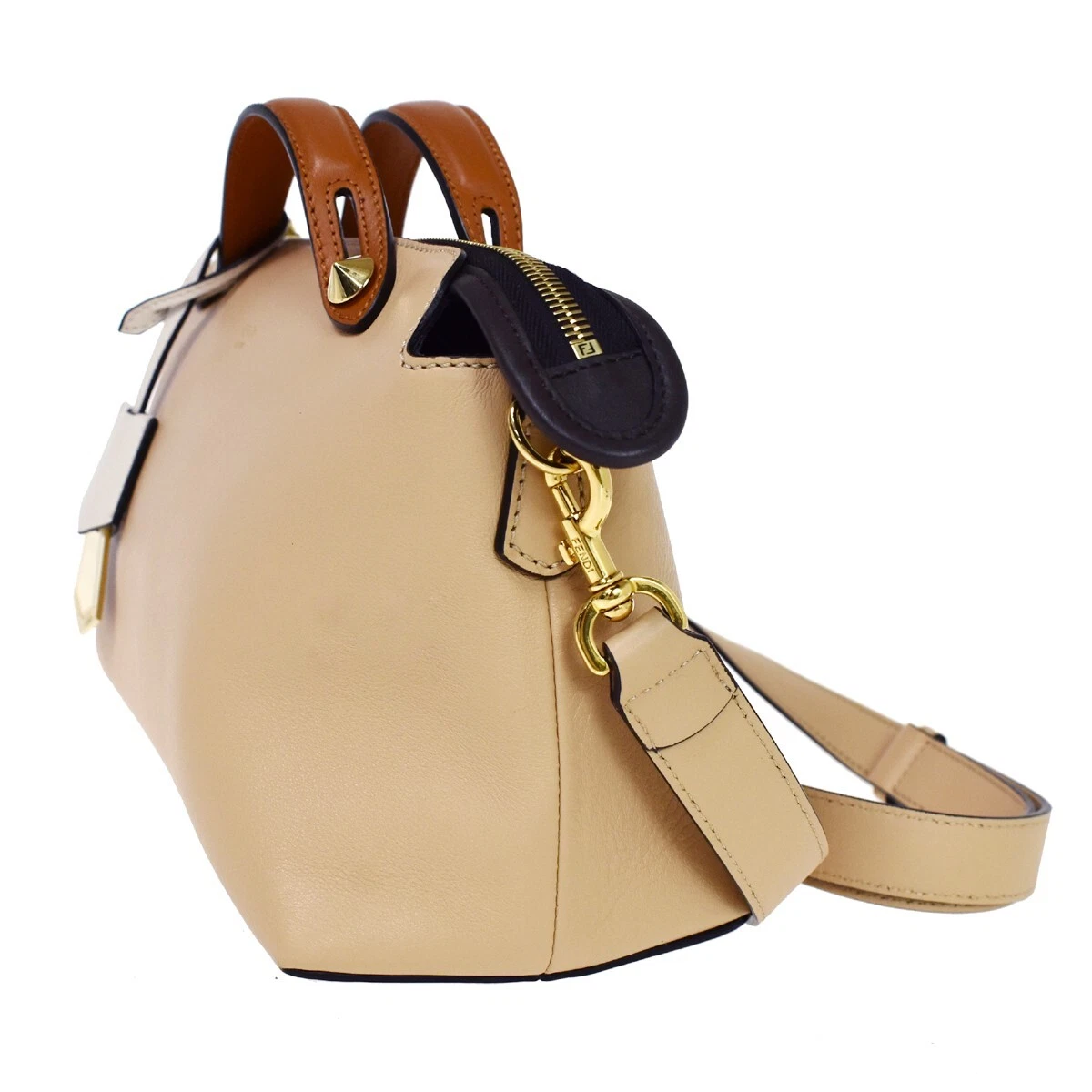 FENDI Logo By The Way 2Way Shoulder Hand Bag Leather Beige Gold