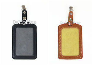 Leather Vertical Name Tag Id Badge Holder With Swivel Clip Black