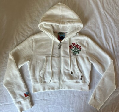 Graf & Wu White Cropped Hoodie Rose Embroidery Sz Small NWOT Keep It Rare