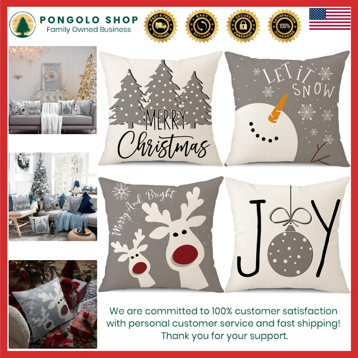 18x18 Christmas Pillow Covers Set of 4 with Snowman Deer Holiday Decor-image