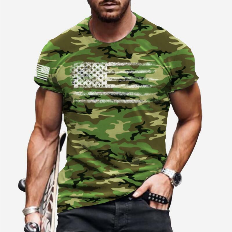 T-Shirt Men‘s Fashion Graphic Short Sleeve USA Flag Vintage Green Camo T Shirt