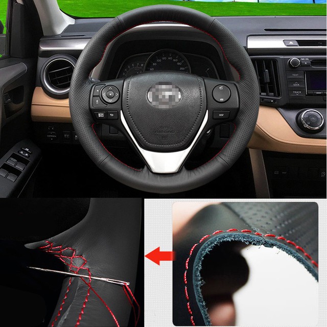 For Toyota RAV4 2015 Steering Wheel Cover Nonslip Hand Sewing Black