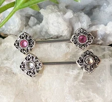 PAIR Gem Tribal Flower Nipple Rings Shields Barbells 14g Body Piercing Jewelry
