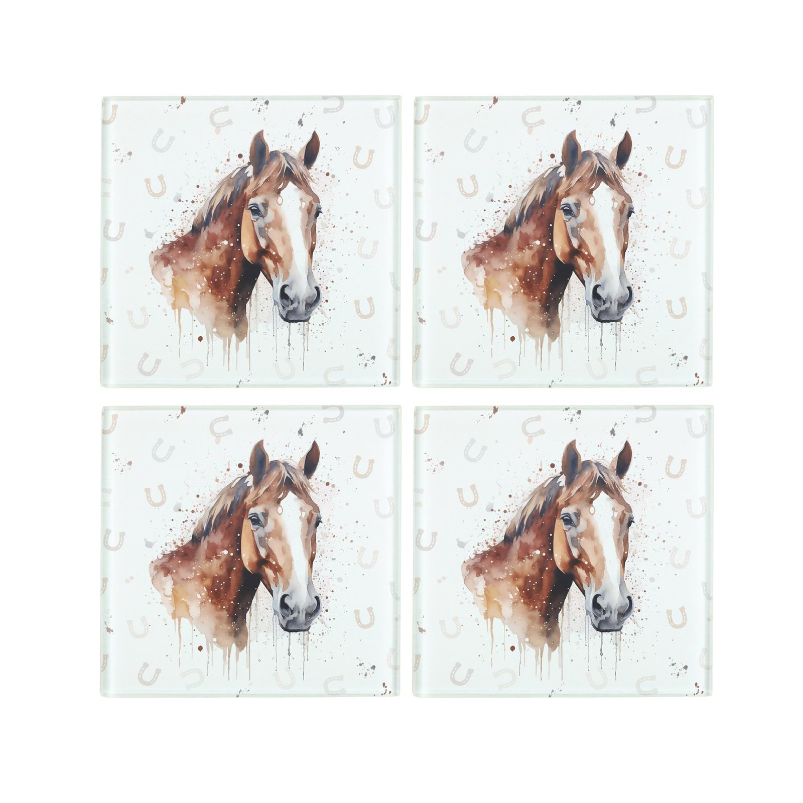 Watercolour Horse Square Coaster Set - 4x Glass Drinks Coasters Horse Gift