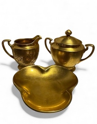 Pickard Vintage Rose & Daisy Gold Encrusted Creamer, Sugar Bowl & Tray