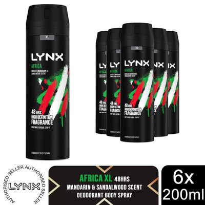Lynx XL Africa Body Spray 48H Fresh Mandarin & Sandelwood Scent Deo, 6x200ml