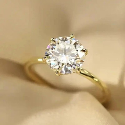 2 CTW Round Cut Moissanite Hidden Halo Engagement Ring 14K Yellow Gold Plated