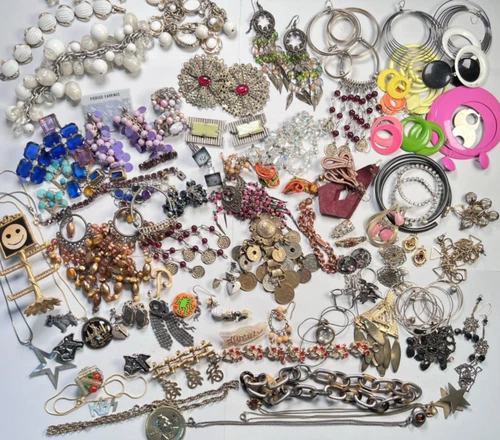 Vintage Costume Jewelry the 70's Beyond Mixed Lot Earrings Pins Necklaces & More