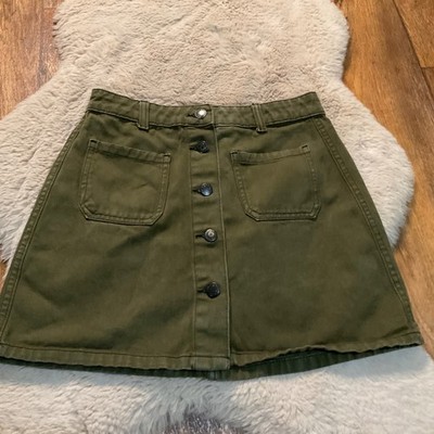 Bershka Skirt Button Front Size 4 Olive Green Front Pockets Denim Mini A Line
