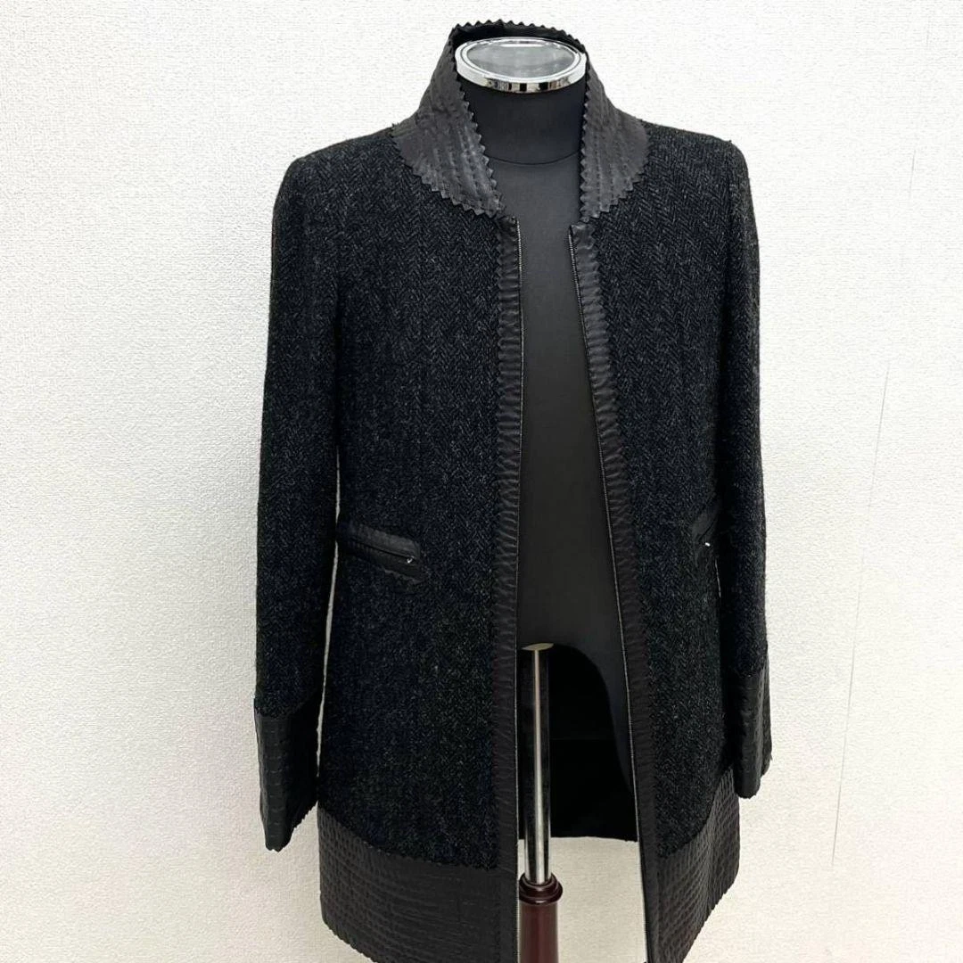 Cappotto giacca tweed CHANEL lana pelle di agnello zip 34