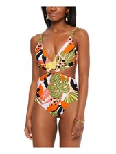 Bar III Women Swimwear Large One Piece Cutout Tropic Print Green L