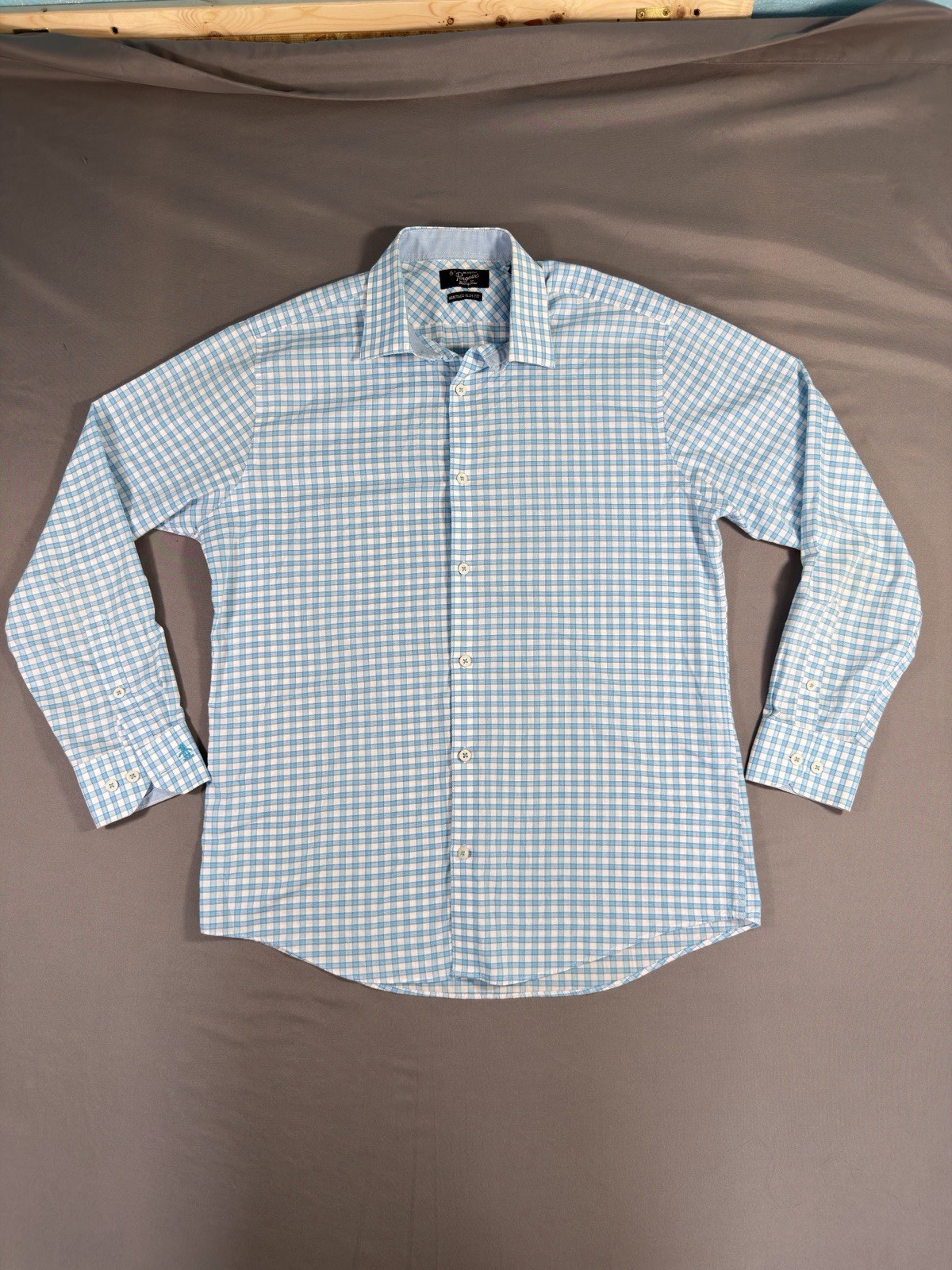 Original Penguin Slim Fit Shirt Mens 15.5 32/33 Blue White Plaid Button Up
