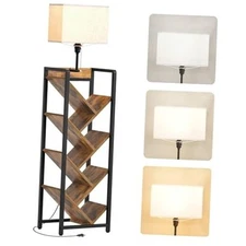 Tree Bookshelf, 7-Tier Wooden Book Shelf with Light, Floor Rustic Brown + Black