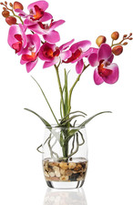 Artificial Purple Orchid in Glass Vase, Realistic Phalaenopsis Arrangement with