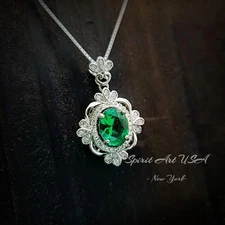 Luxury Emerald Necklace, Gemstone Flower - 18KGP @ Sterling Silver - Victoria