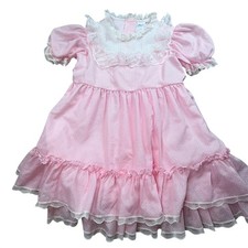 Vintage Bryan Girls Pink Lace White Polka Dot Ruffle Dress Size 5 Sash Tie