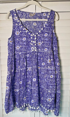 eShakti Women s Purple Floral Pom Sleeveless Shift Dress Boho Summer | L (14)