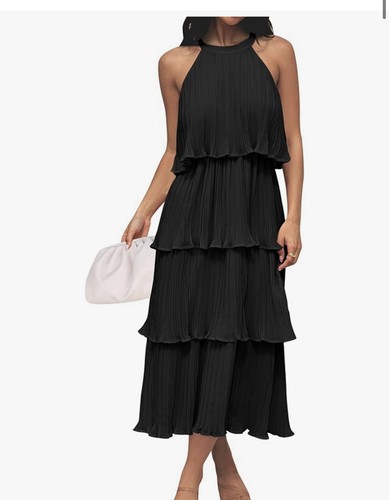 Damen ärmellos Neckholder Rüschen Stufen Lagenlook Chiffon langes Midikleid Small