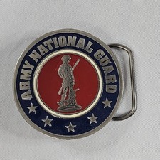 Vintage Army National Guard Silver Red Blue Round Belt Buckle Good Shape READ  