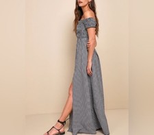 Lulus Patsy Black White Gingham Off-the-Shoulder Smocked Maxi Slit Dress Sz M