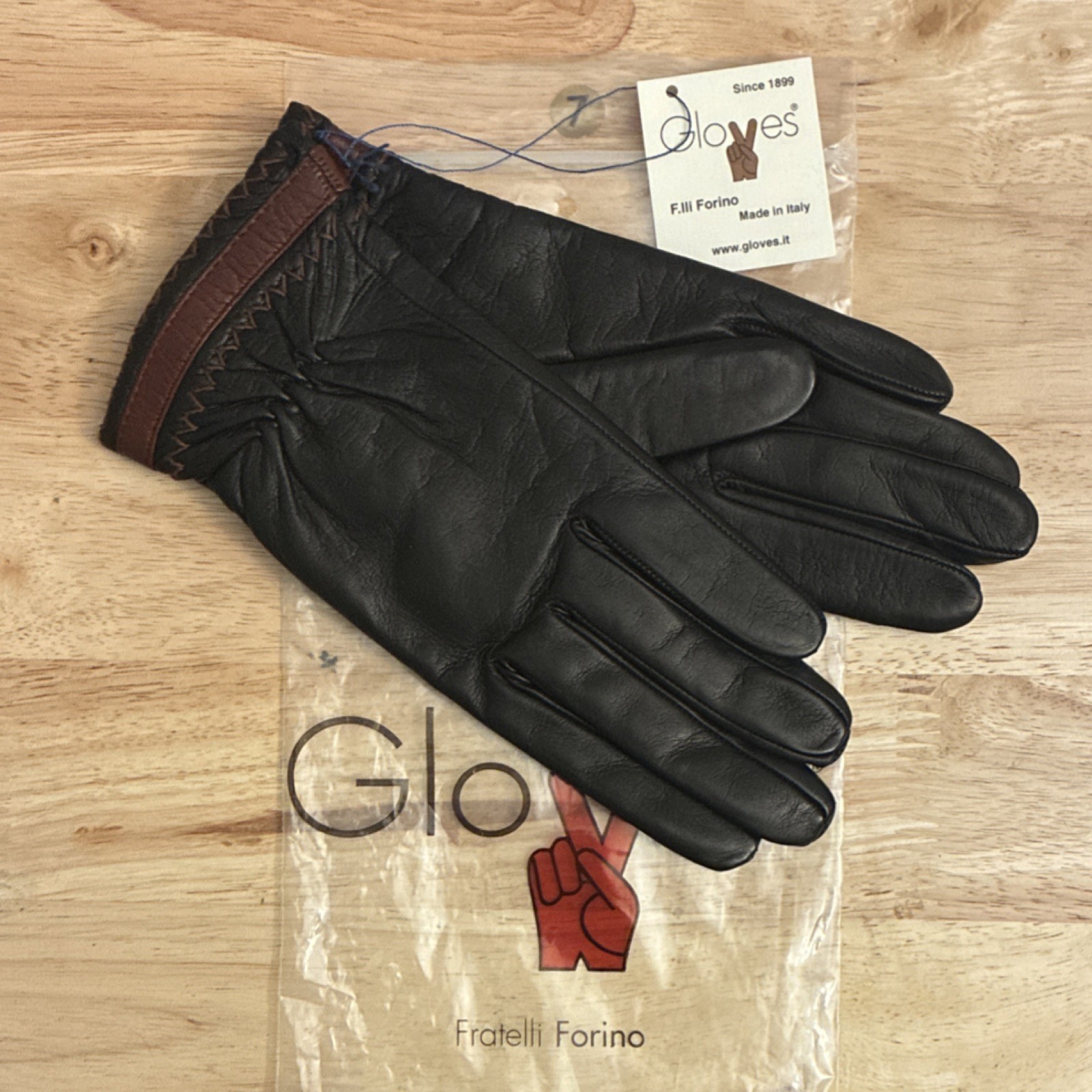 Fratelli Forino Leather Gloves Black Brown Size 7 Cashmere Lined Made in Italy