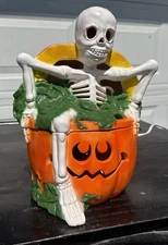 Vintage Halloween Jack-O-Lantern with SKELETON Luminary Candle Holder Spooky