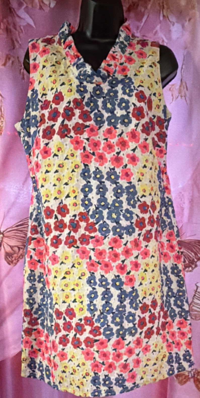 Talbots Multicolor Floral Eyelet Sheath Dress Sleeveless Ruffle 14P Knee