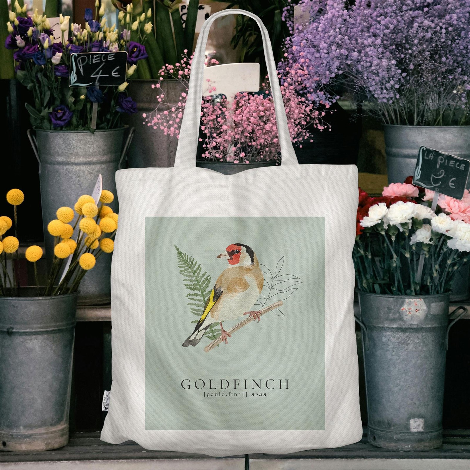 Goldfinch Bird In Garden on Green Polyester Reusable Shopping Tote Bag