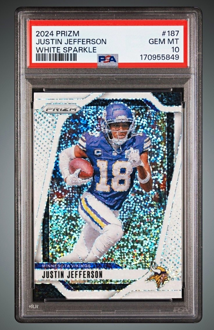 Panini 2024 Prizm Justin Jefferson #187 White Sparkle Prizm PSA 10 Vikings - SSP view 1