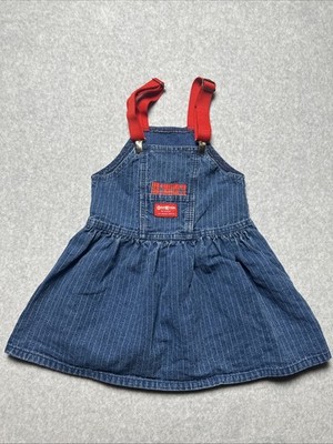 Vintage OshKosh Vestback Overalls Denim Dress Kids 5 USA Red Suspender Straps