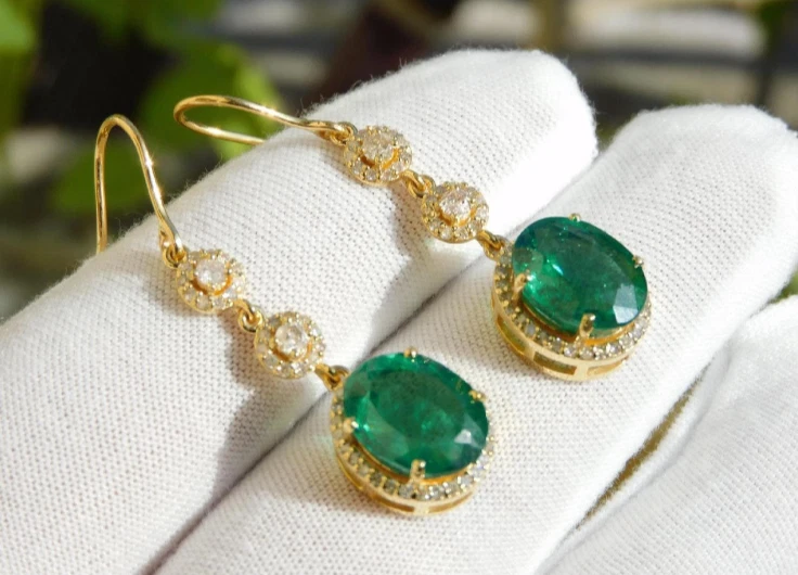 Certified Emerald Diamond Earrings Drop Dangles Emerald Earrings 14k Solid Gold