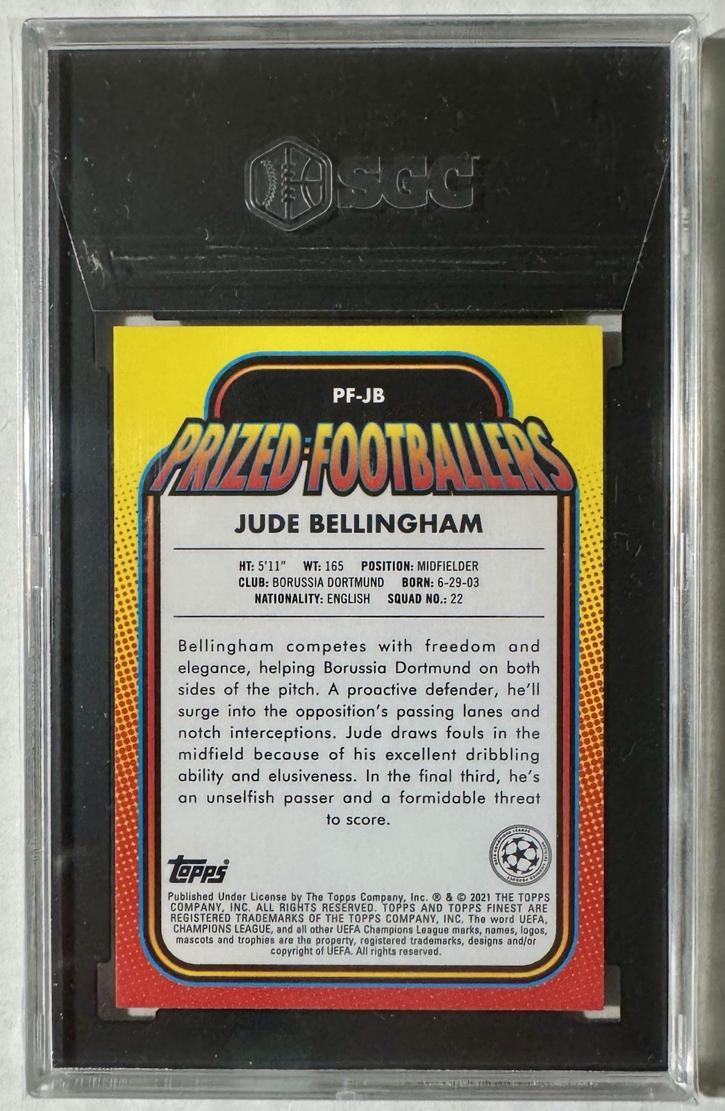2020-21 Topps Finest Jude Bellingham Rookie RC Prized Footballers SGC 10 Gem Mt view 2